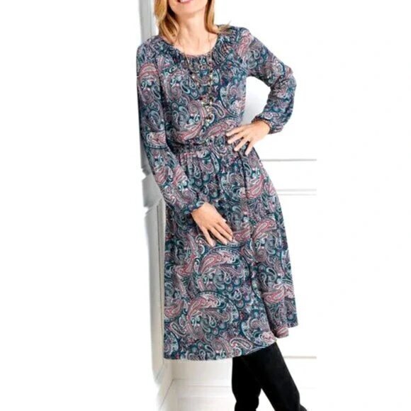 "NWT" Talbots Plus Jersey‎ Smocked Fit & Flare Paisley Blue Dress Petite Small - Picture 1 of 13